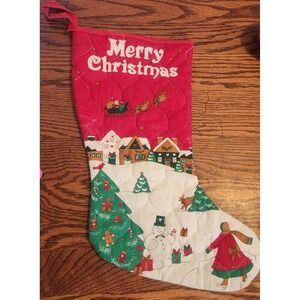 Vintage Handmade Christmas Stocking Red Quilted Kitchy‎ Multicolor